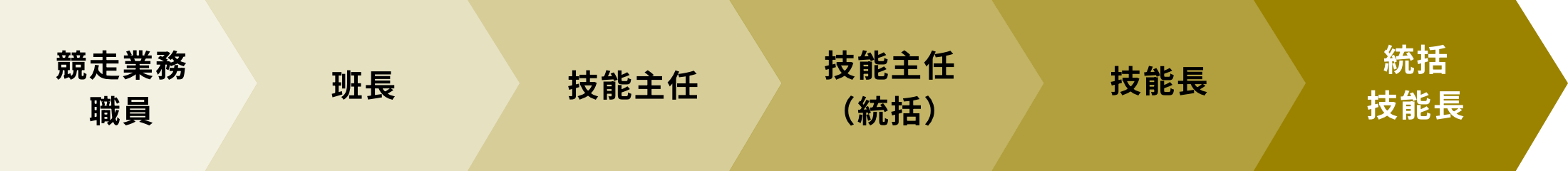 競走業務職員→班長→技能主任→技能主任（統括）→技能長→統括技能長