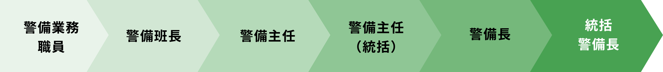 警備業務職員→警備班長→警備主任→警備主任（統括）→警備長→統括警備長